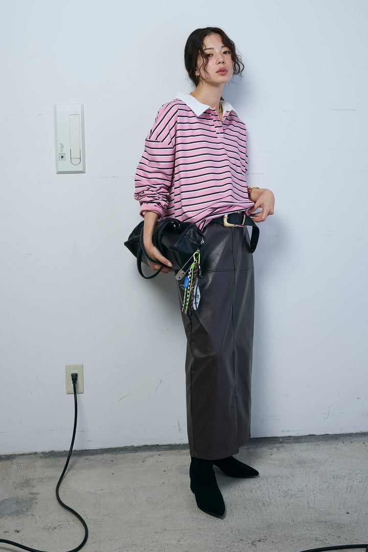 [予約/SET]ポロ襟ボーダーTOPS+エコレザーバックスリットペンシルスカート(2set)