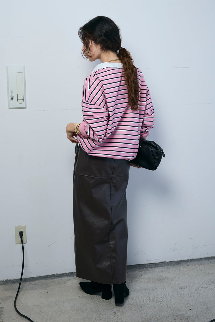 [予約/SET]ポロ襟ボーダーTOPS+エコレザーバックスリットペンシルスカート(2set)