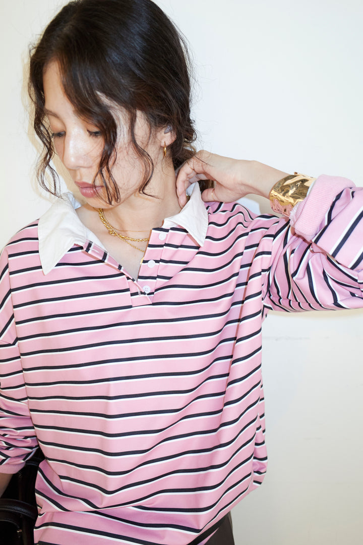 [予約/SET]ポロ襟ボーダーTOPS+エコレザーバックスリットペンシルスカート(2set)