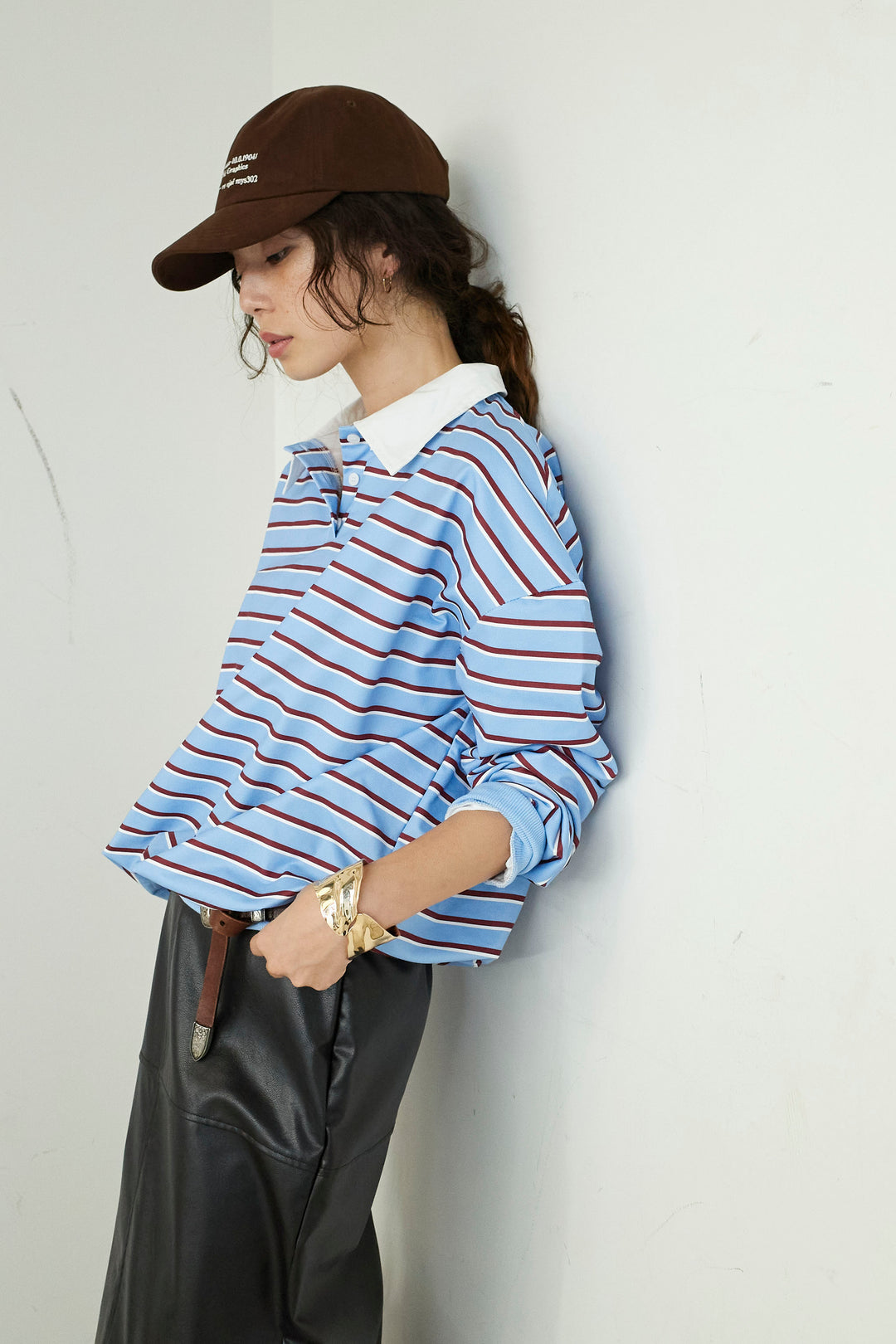 [予約/SET]ポロ襟ボーダーTOPS+エコレザーバックスリットペンシルスカート(2set)