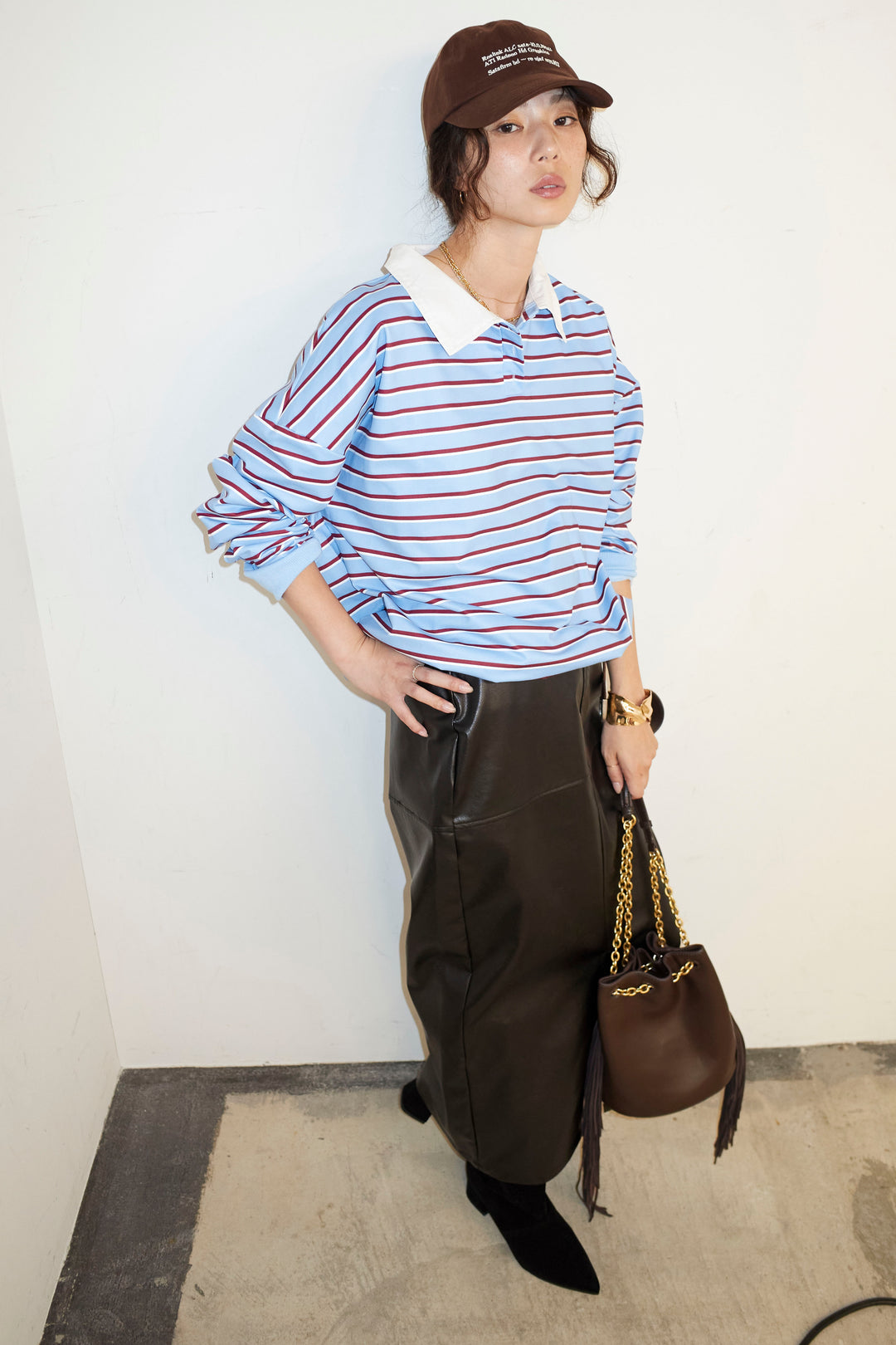 [予約/SET]ポロ襟ボーダーTOPS+エコレザーバックスリットペンシルスカート(2set)