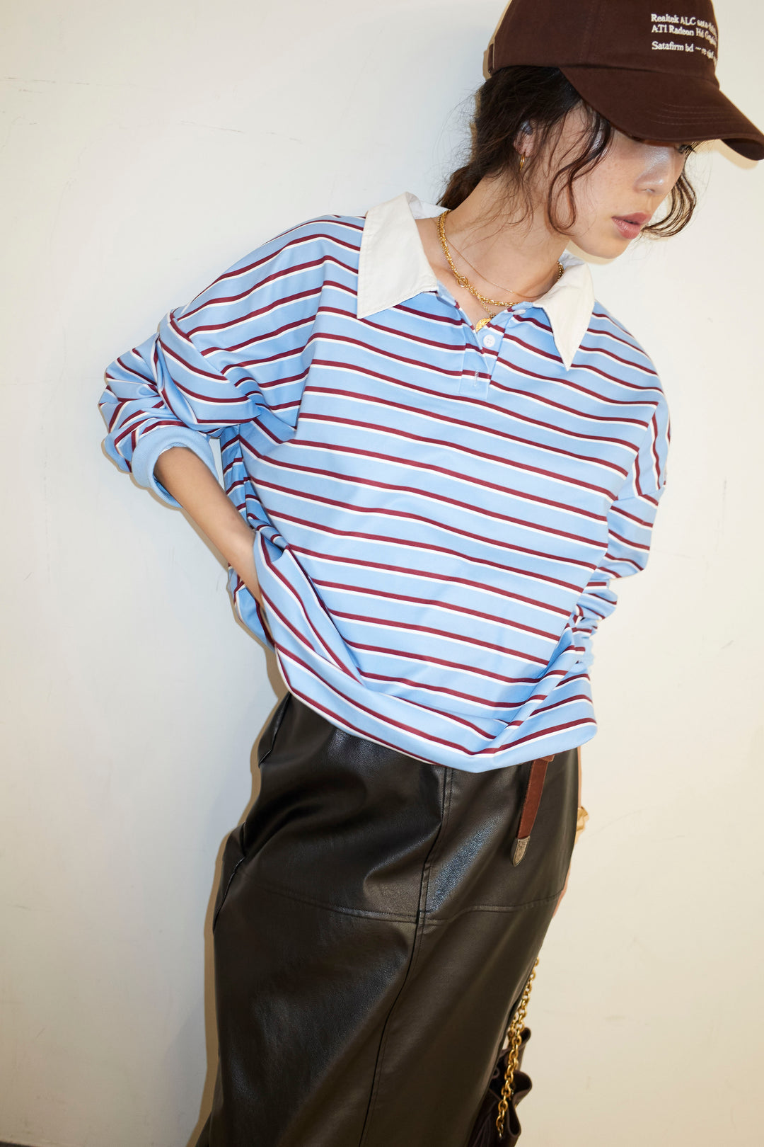 [予約/SET]ポロ襟ボーダーTOPS+エコレザーバックスリットペンシルスカート(2set)