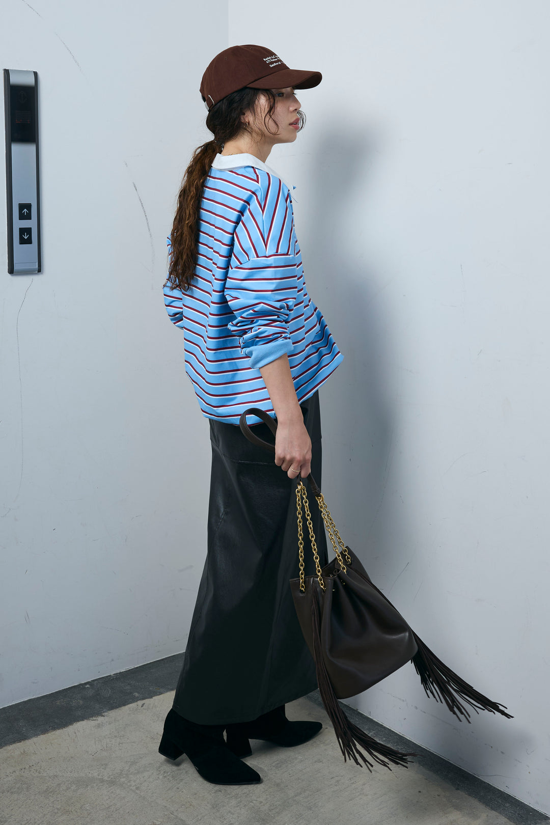 [予約/SET]ポロ襟ボーダーTOPS+エコレザーバックスリットペンシルスカート(2set)