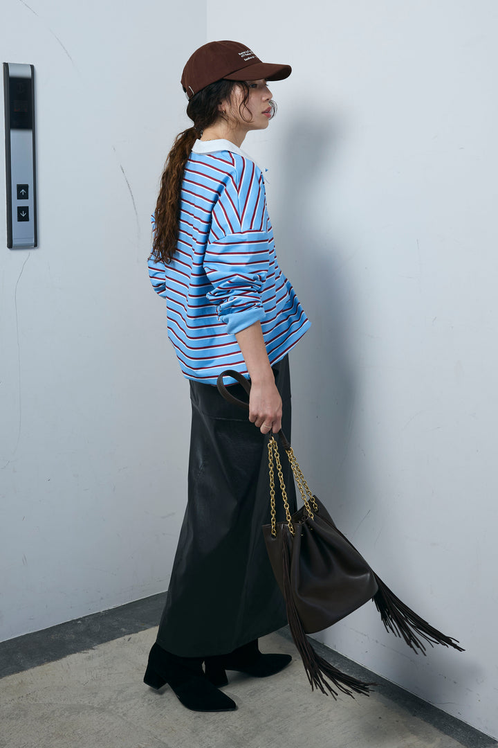 [予約/SET]ポロ襟ボーダーTOPS+エコレザーバックスリットペンシルスカート(2set)