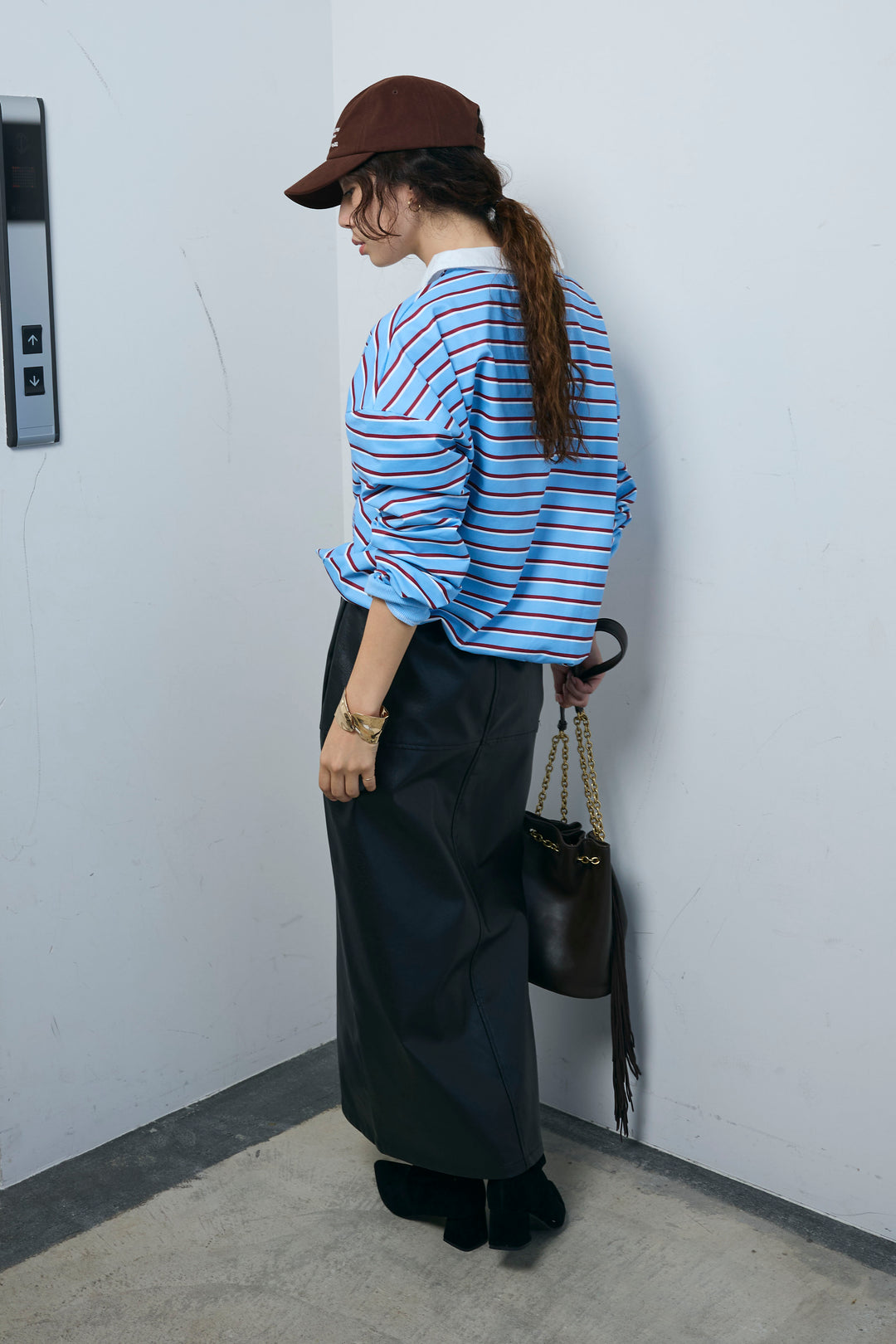 [予約/SET]ポロ襟ボーダーTOPS+エコレザーバックスリットペンシルスカート(2set)