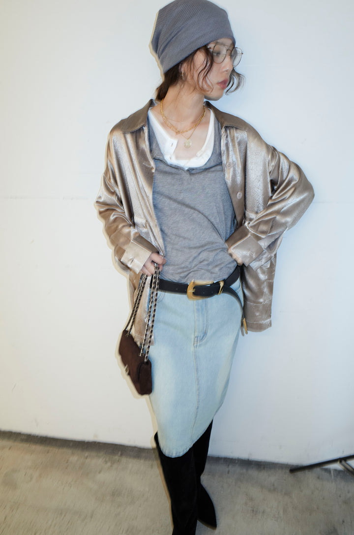 [予約/SET]サテンミリタリーシャツJK+レイヤードヘンリーネックプルオーバー+ボックスデニム膝丈SK(3set)