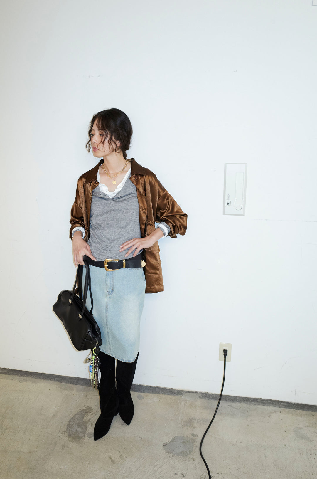 [予約/SET]サテンミリタリーシャツJK+レイヤードヘンリーネックプルオーバー+ボックスデニム膝丈SK(3set)