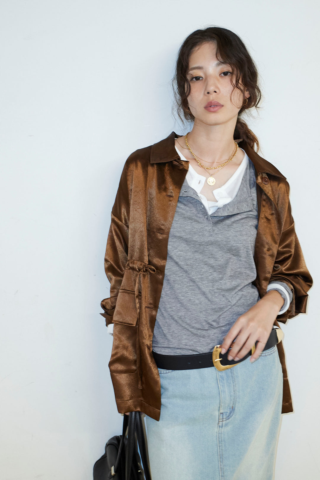 [予約/SET]サテンミリタリーシャツJK+レイヤードヘンリーネックプルオーバー+ボックスデニム膝丈SK(3set)