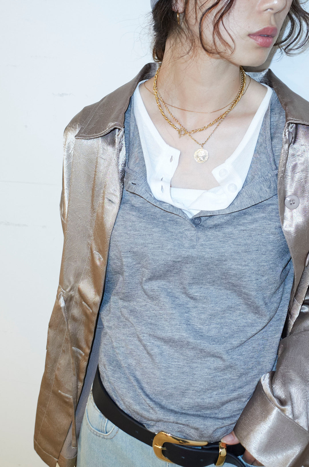 [予約/SET]サテンミリタリーシャツJK+レイヤードヘンリーネックプルオーバー+ボックスデニム膝丈SK(3set)