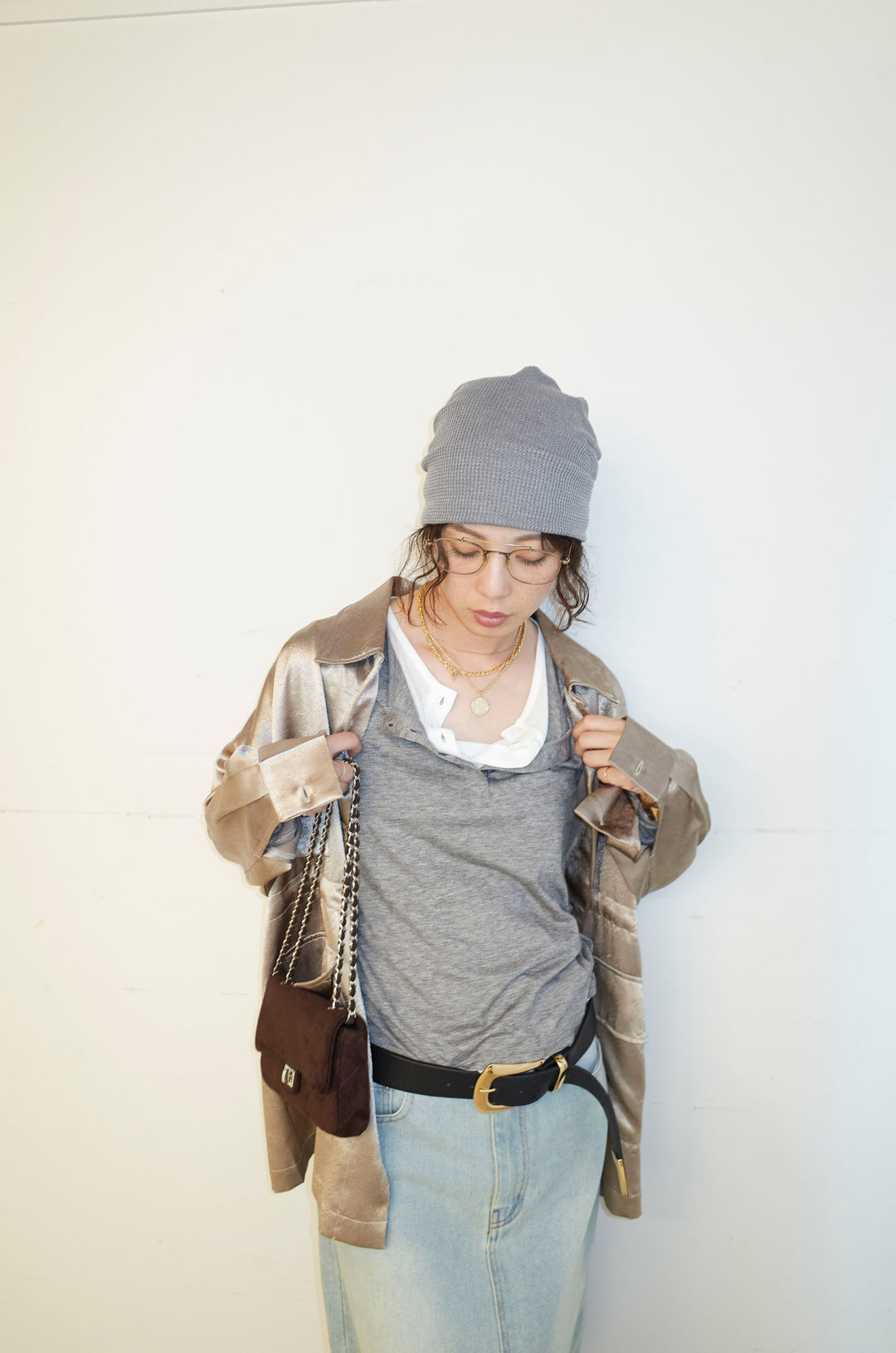 [予約/SET]サテンミリタリーシャツJK+ボックスデニム膝丈SK(2set)