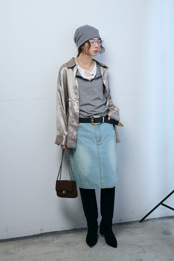 [予約/SET]サテンミリタリーシャツJK+ボックスデニム膝丈SK(2set)