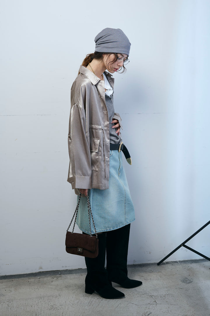 [予約/SET]サテンミリタリーシャツJK+レイヤードヘンリーネックプルオーバー+ボックスデニム膝丈SK(3set)