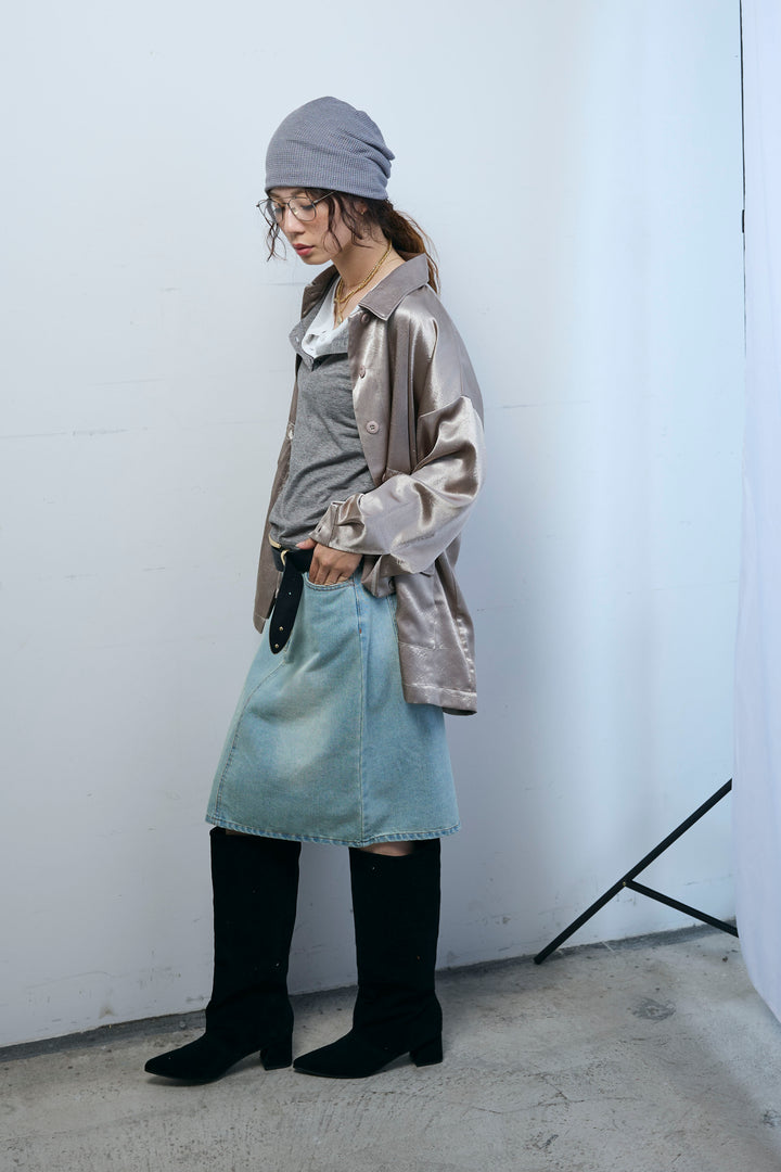 [予約/SET]サテンミリタリーシャツJK+ボックスデニム膝丈SK(2set)