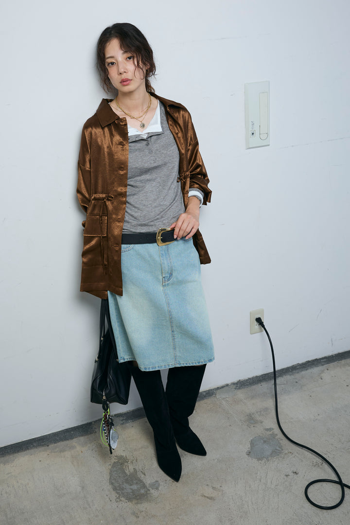 [予約/SET]サテンミリタリーシャツJK+レイヤードヘンリーネックプルオーバー+ボックスデニム膝丈SK(3set)