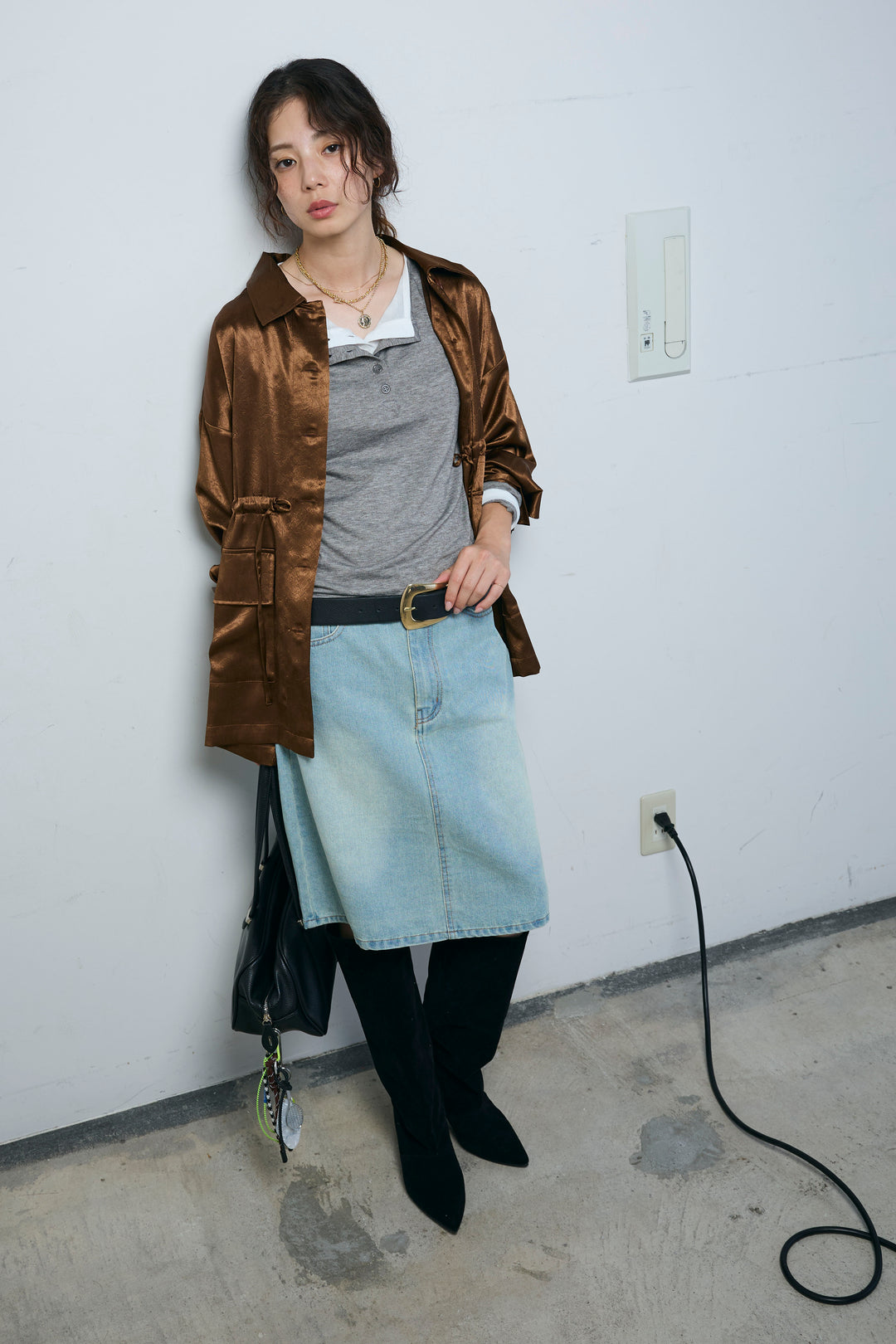 [予約/SET]サテンミリタリーシャツJK+ボックスデニム膝丈SK(2set)