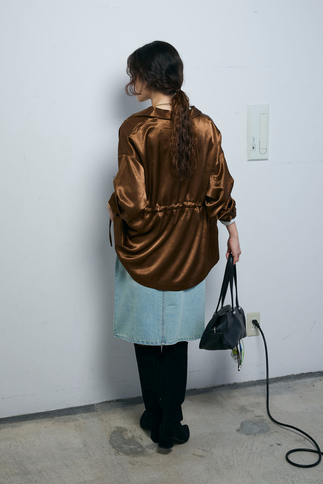 [予約/SET]サテンミリタリーシャツJK+レイヤードヘンリーネックプルオーバー+ボックスデニム膝丈SK(3set)