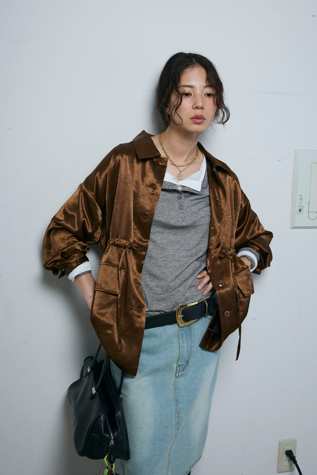 [予約/SET]サテンミリタリーシャツJK+ボックスデニム膝丈SK(2set)