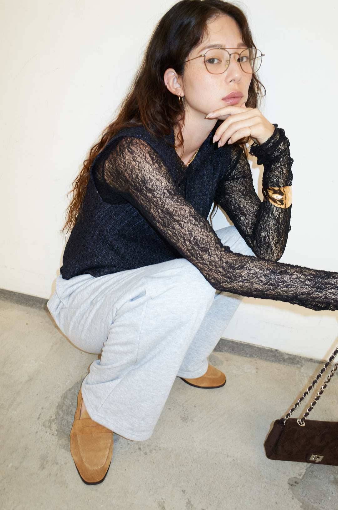 [予約/SET]ビジューボタンラメツイードジレ+シアーレーストップス(2set)