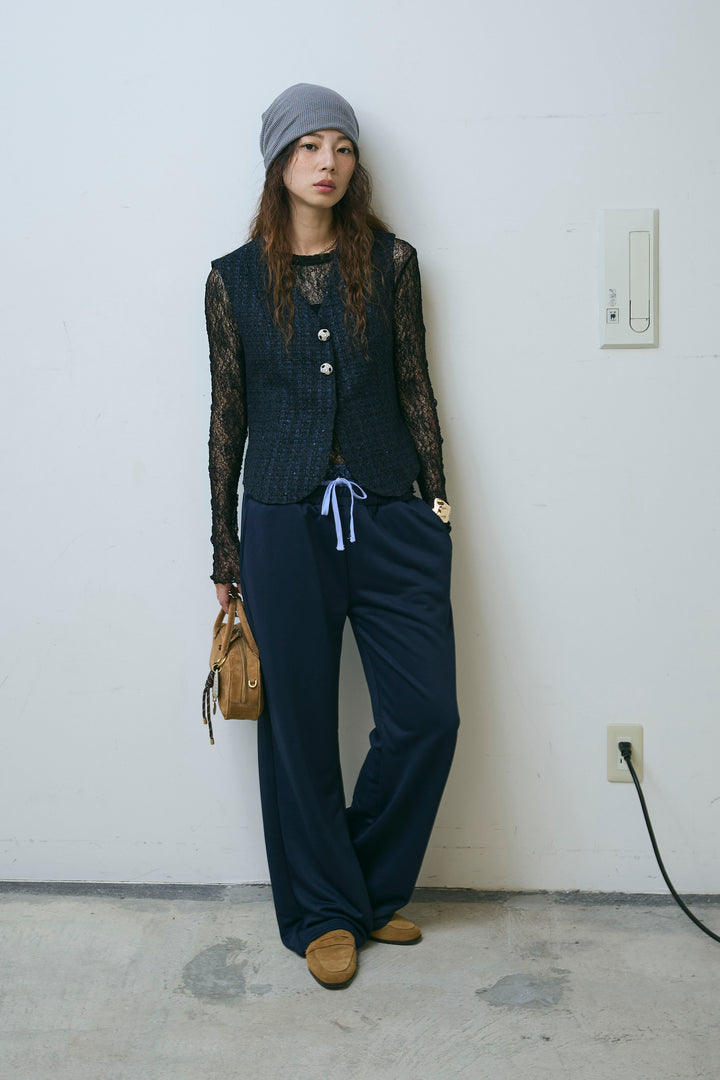 [予約/SET]ビジューボタンラメツイードジレ+シアーレーストップス+裏毛ドッキングパンツ(3set)