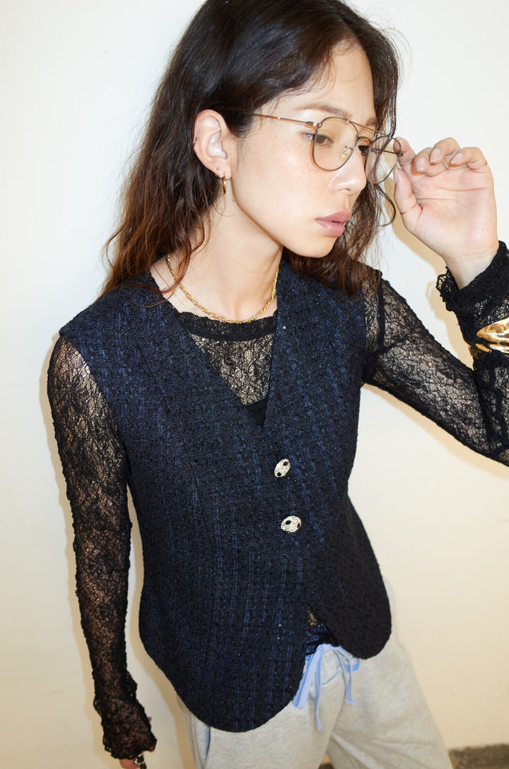 [予約/SET]ビジューボタンラメツイードジレ+裏毛ドッキングパンツ(2set)