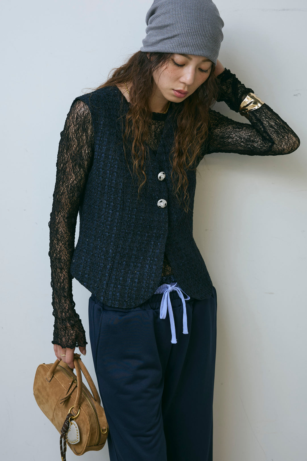 [予約/SET]ビジューボタンラメツイードジレ+裏毛ドッキングパンツ(2set)