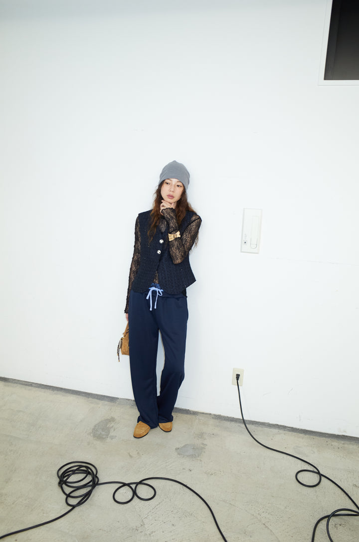 [予約/SET]ビジューボタンラメツイードジレ+シアーレーストップス+裏毛ドッキングパンツ(3set)