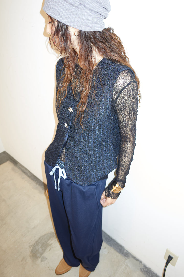 [予約/SET]ビジューボタンラメツイードジレ+裏毛ドッキングパンツ(2set)