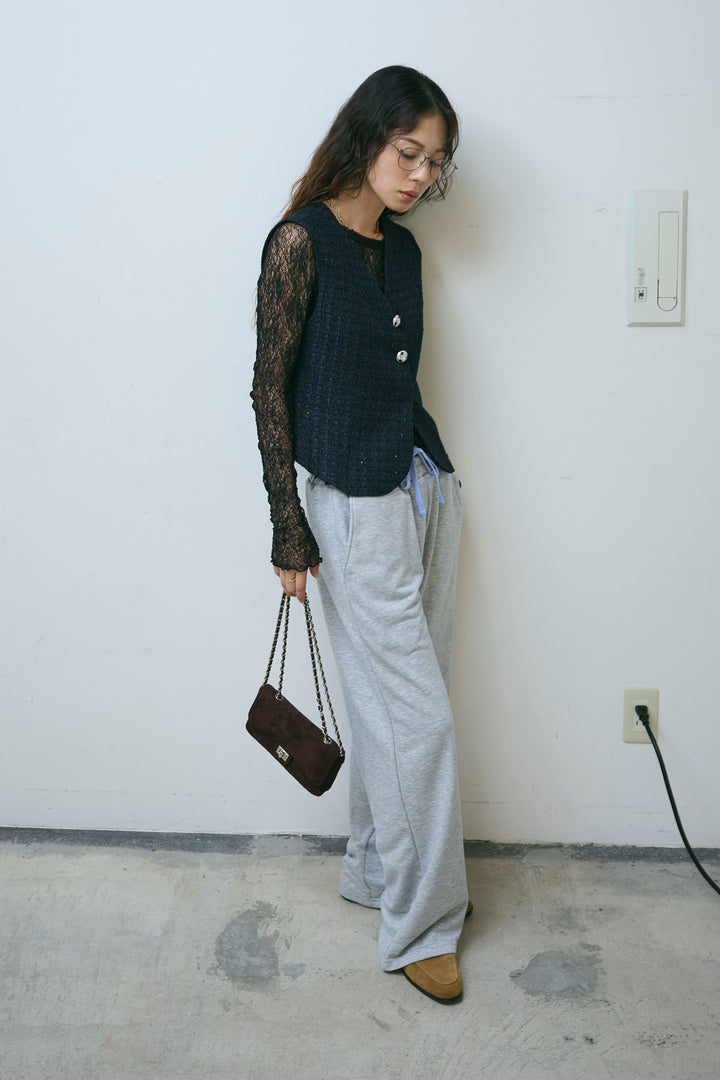 [予約/SET]ビジューボタンラメツイードジレ+裏毛ドッキングパンツ(2set)