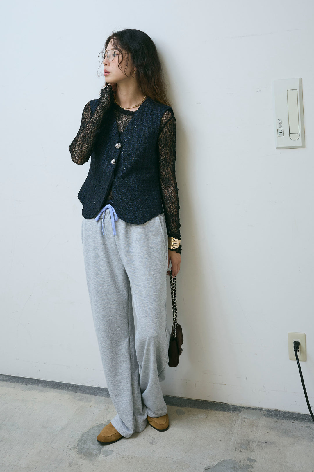 [予約/SET]ビジューボタンラメツイードジレ+裏毛ドッキングパンツ(2set)