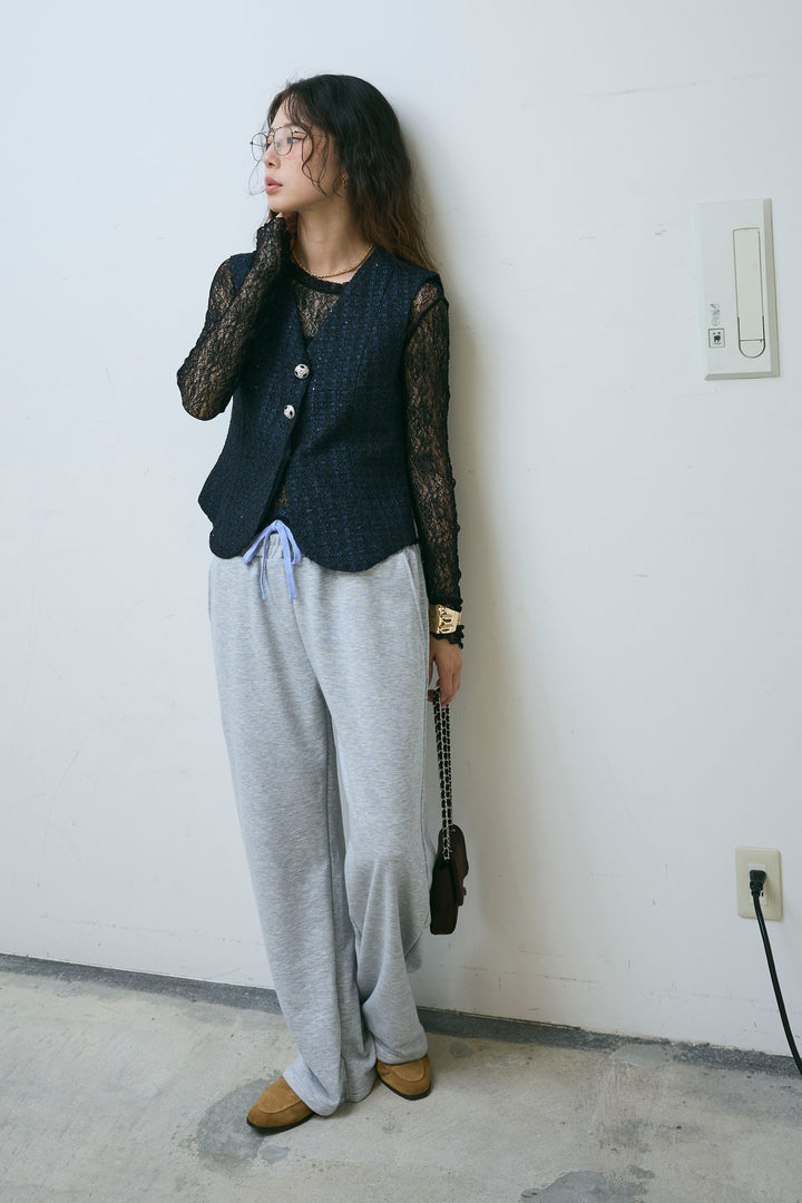 [予約/SET]ビジューボタンラメツイードジレ+シアーレーストップス(2set)