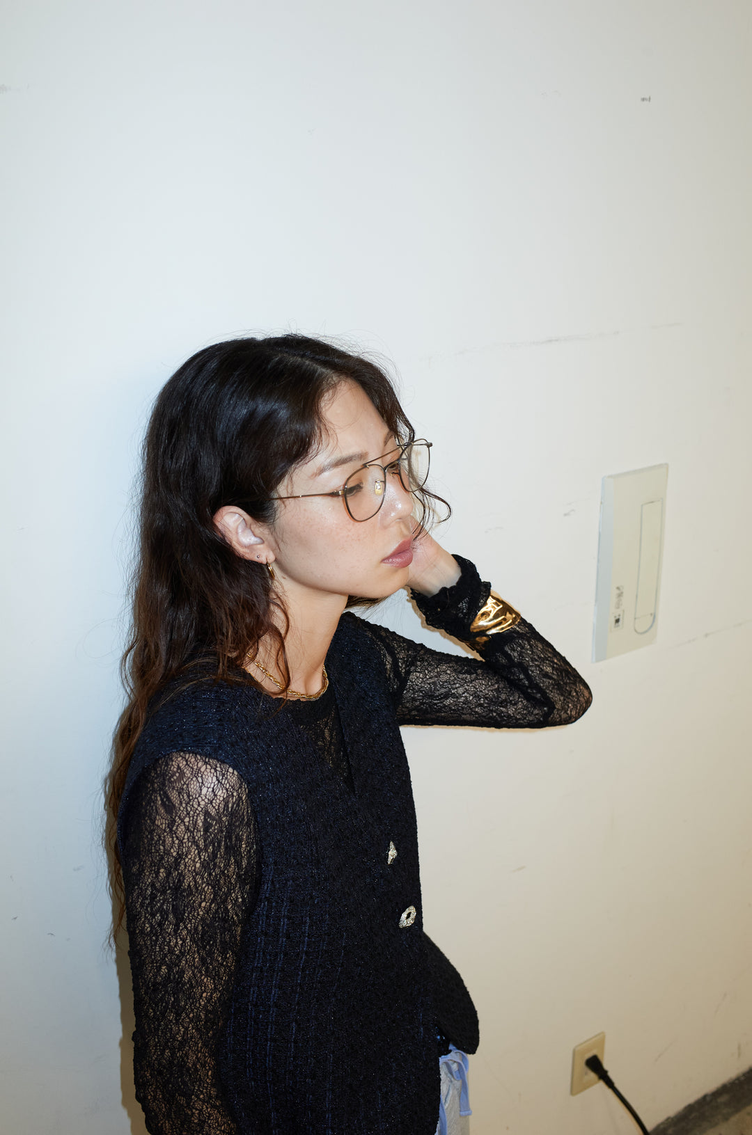 [予約/SET]ビジューボタンラメツイードジレ+シアーレーストップス(2set)