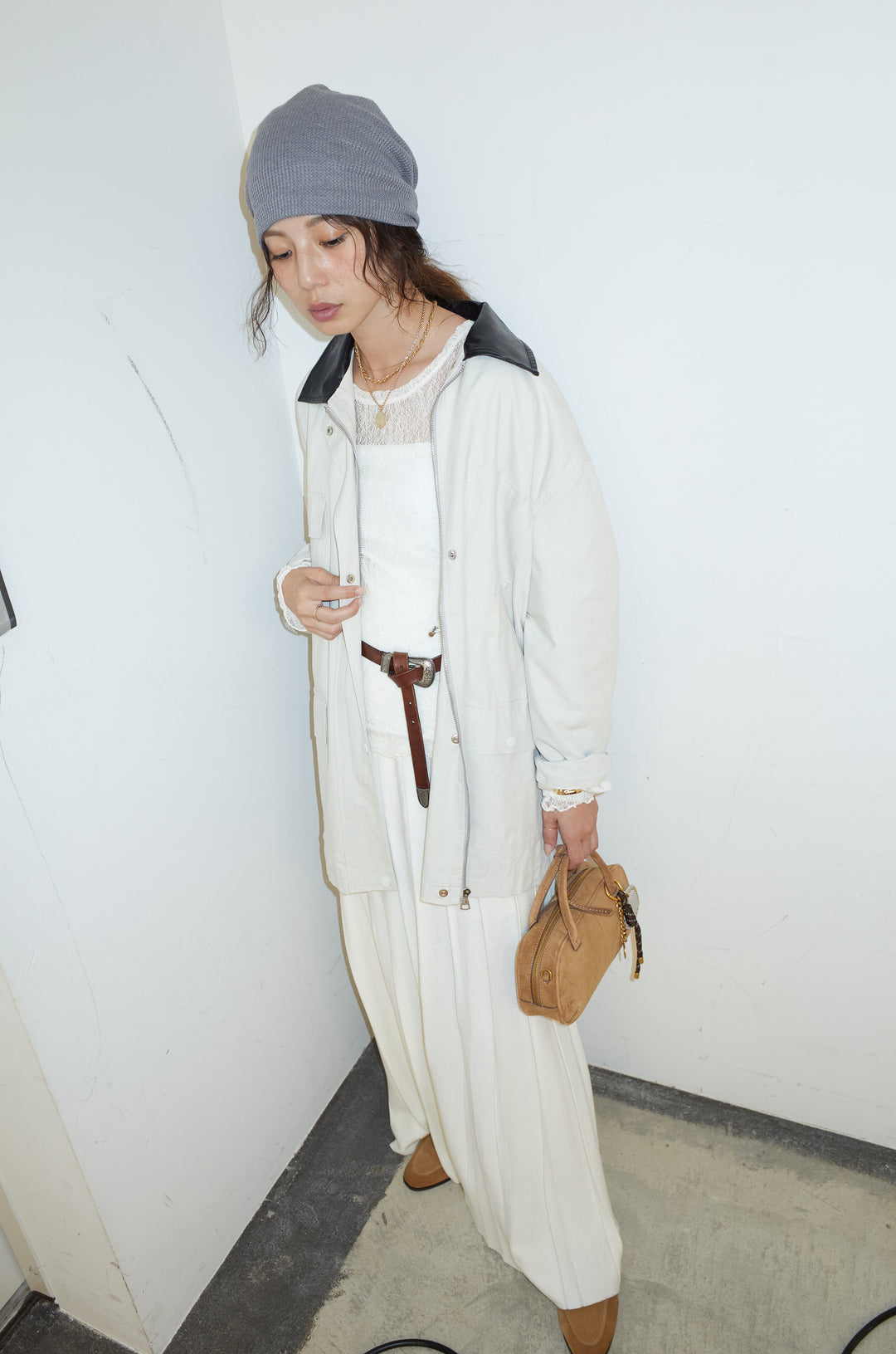 [予約/SET]フェイクレザー襟カバーオール+ニットプリーツロングSK(2set)