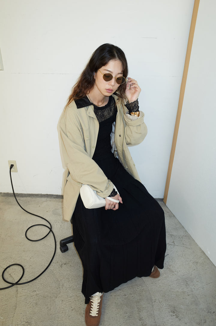 [予約/SET]フェイクレザー襟カバーオール+ニットプリーツロングSK(2set)