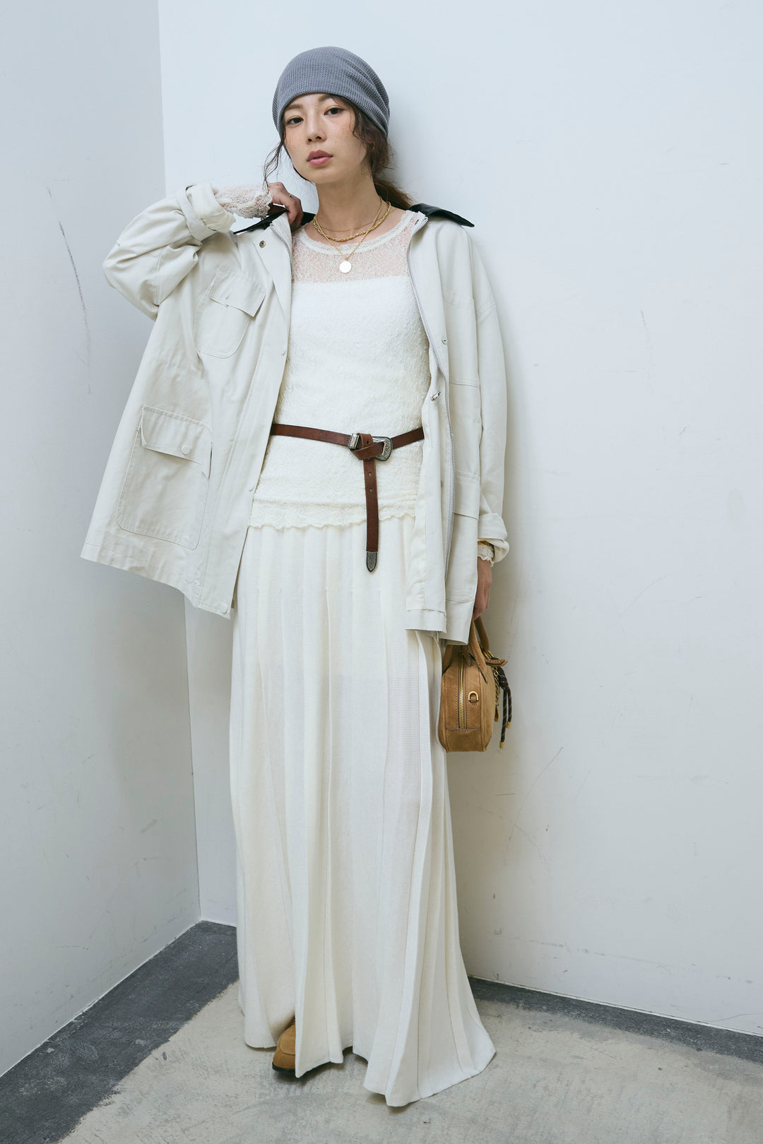 [予約/SET]フェイクレザー襟カバーオール+シアーレーストップス+ニットプリーツロングSK(3set)