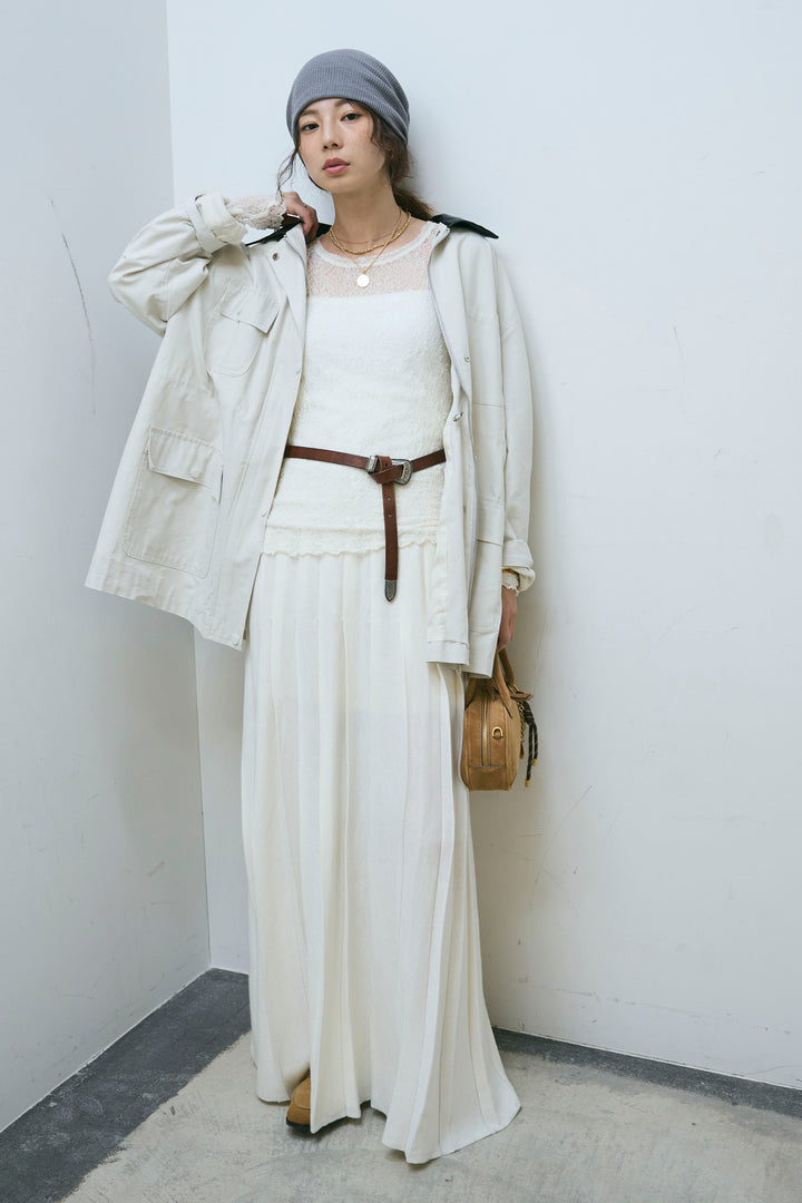 [予約/SET]フェイクレザー襟カバーオール+ニットプリーツロングSK(2set)