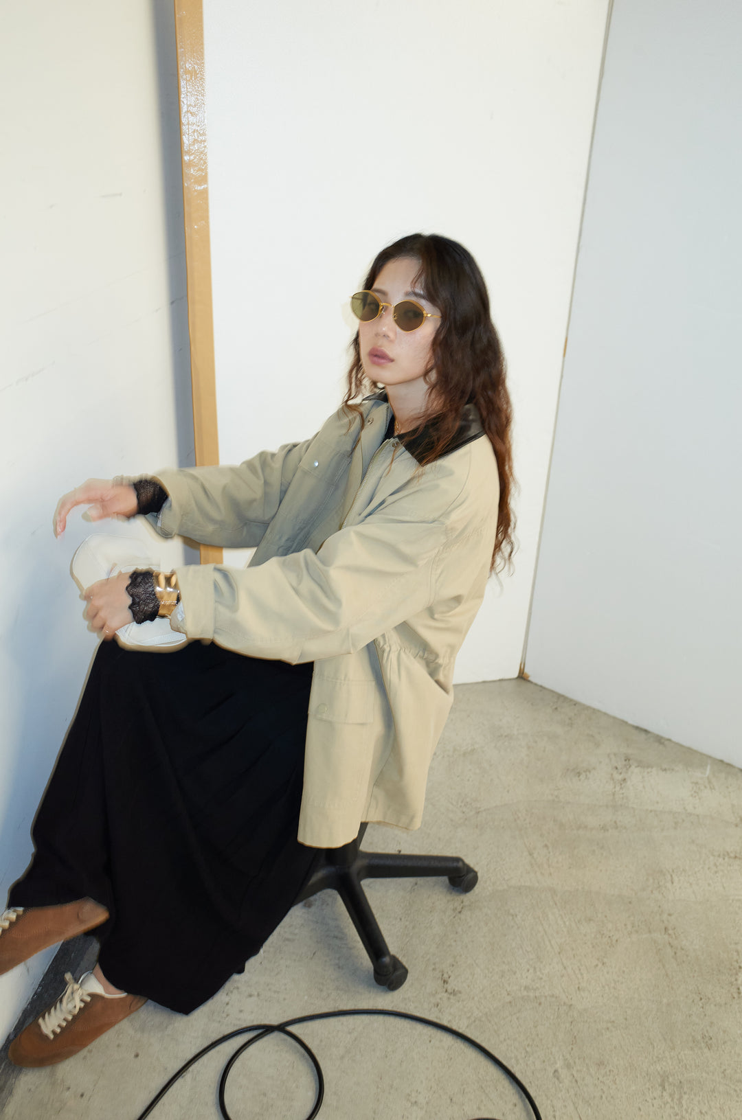 [予約/SET]フェイクレザー襟カバーオール+ニットプリーツロングSK(2set)