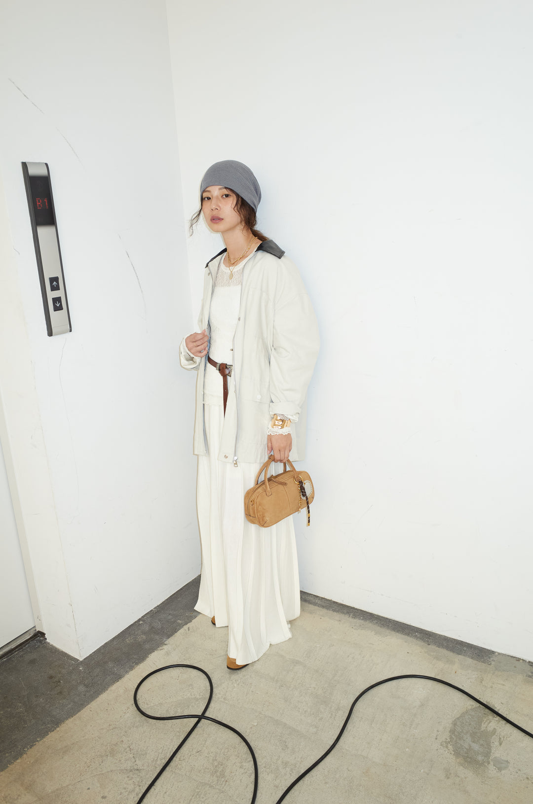 [予約/SET]フェイクレザー襟カバーオール+ニットプリーツロングSK(2set)