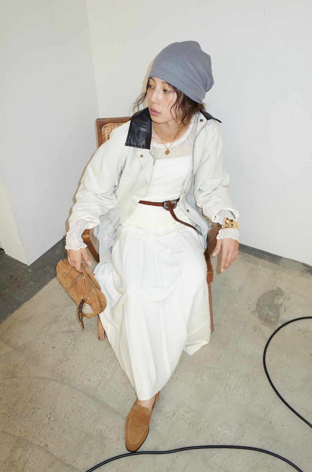 [予約/SET]フェイクレザー襟カバーオール+シアーレーストップス+ニットプリーツロングSK(3set)