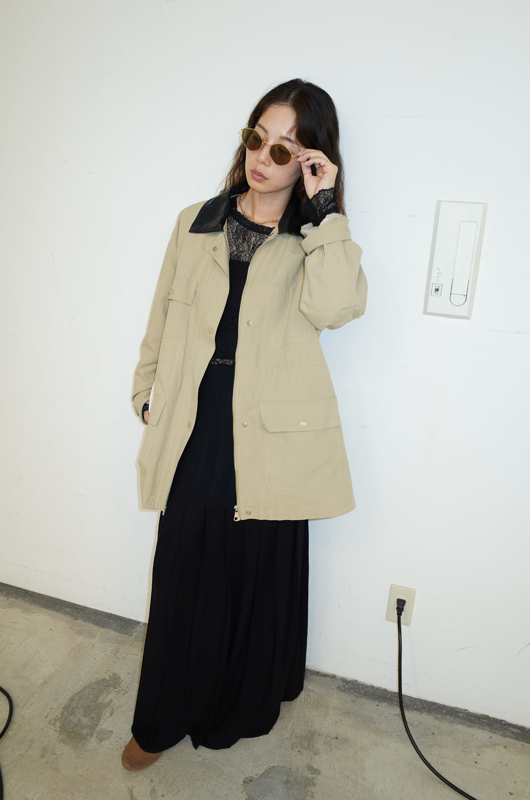 [予約/SET]フェイクレザー襟カバーオール+ニットプリーツロングSK(2set)