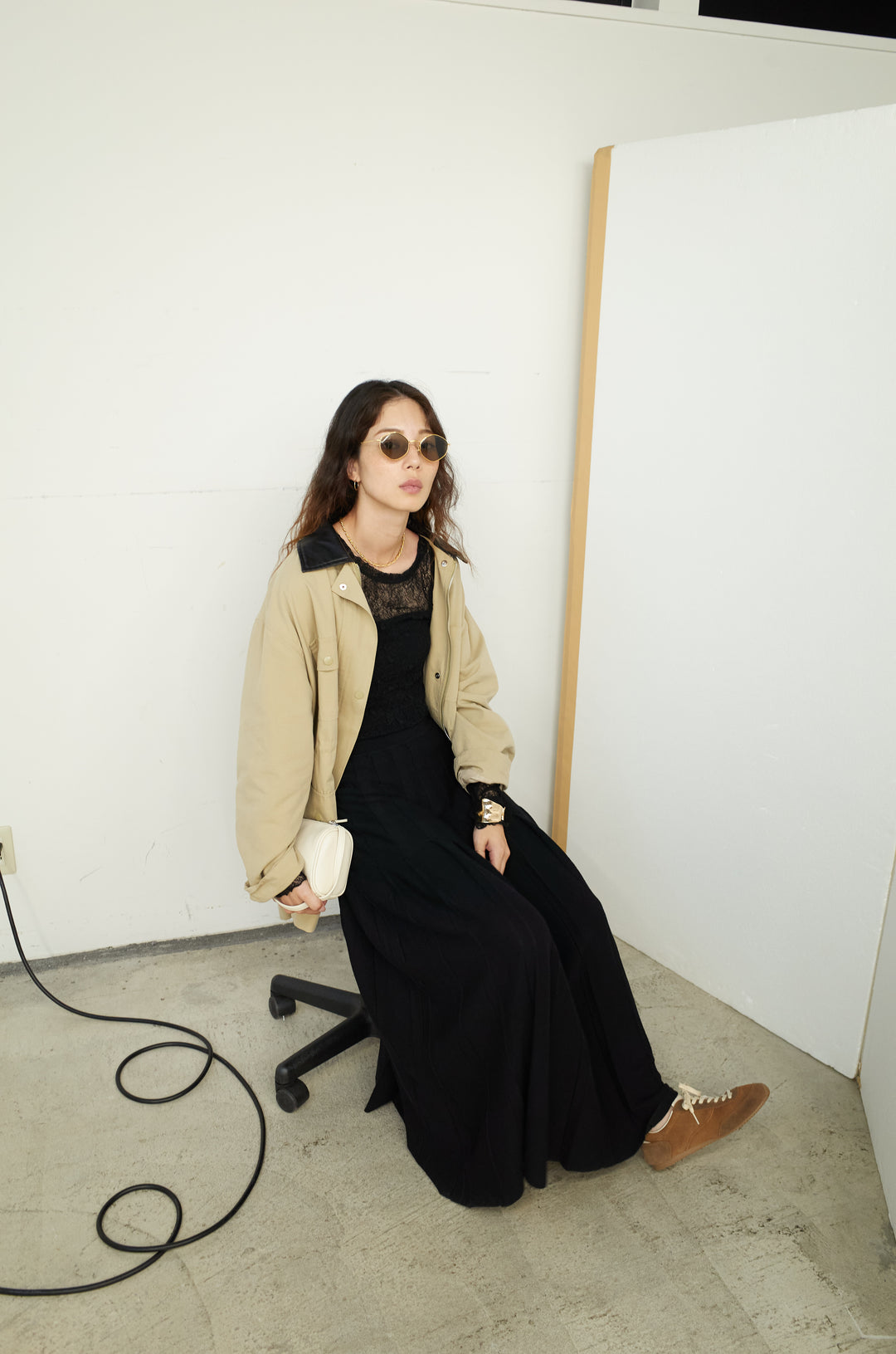 [予約/SET]フェイクレザー襟カバーオール+ニットプリーツロングSK(2set)