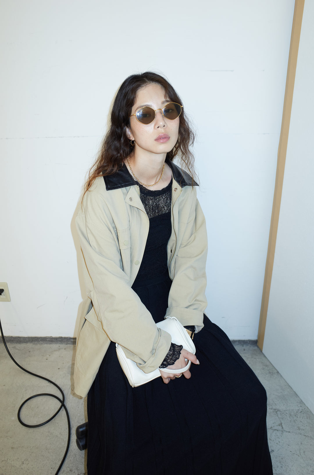 [予約/SET]フェイクレザー襟カバーオール+ニットプリーツロングSK(2set)