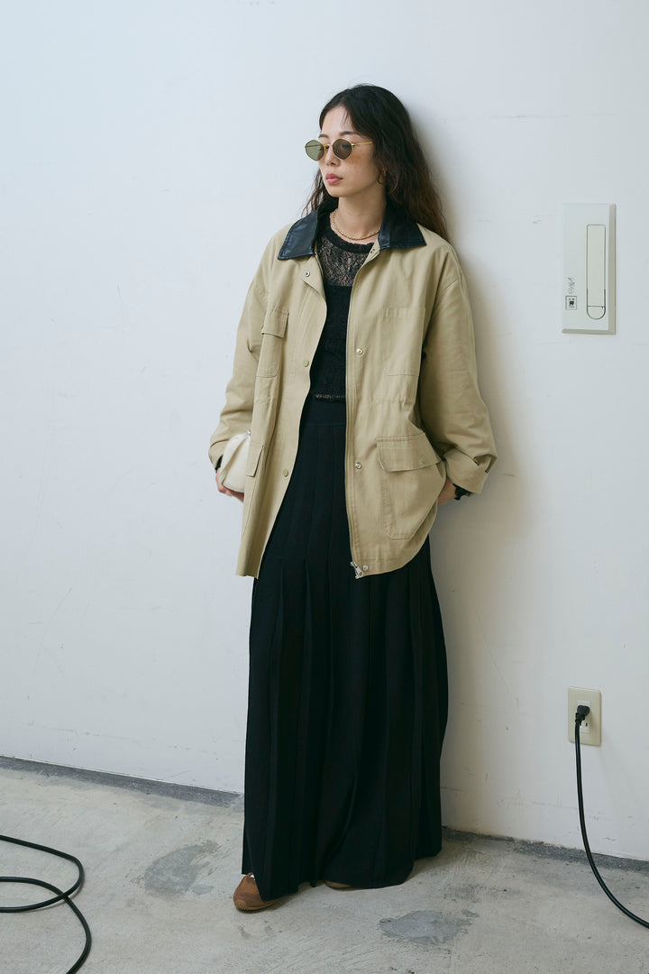 [予約/SET]フェイクレザー襟カバーオール+シアーレーストップス+ニットプリーツロングSK(3set)