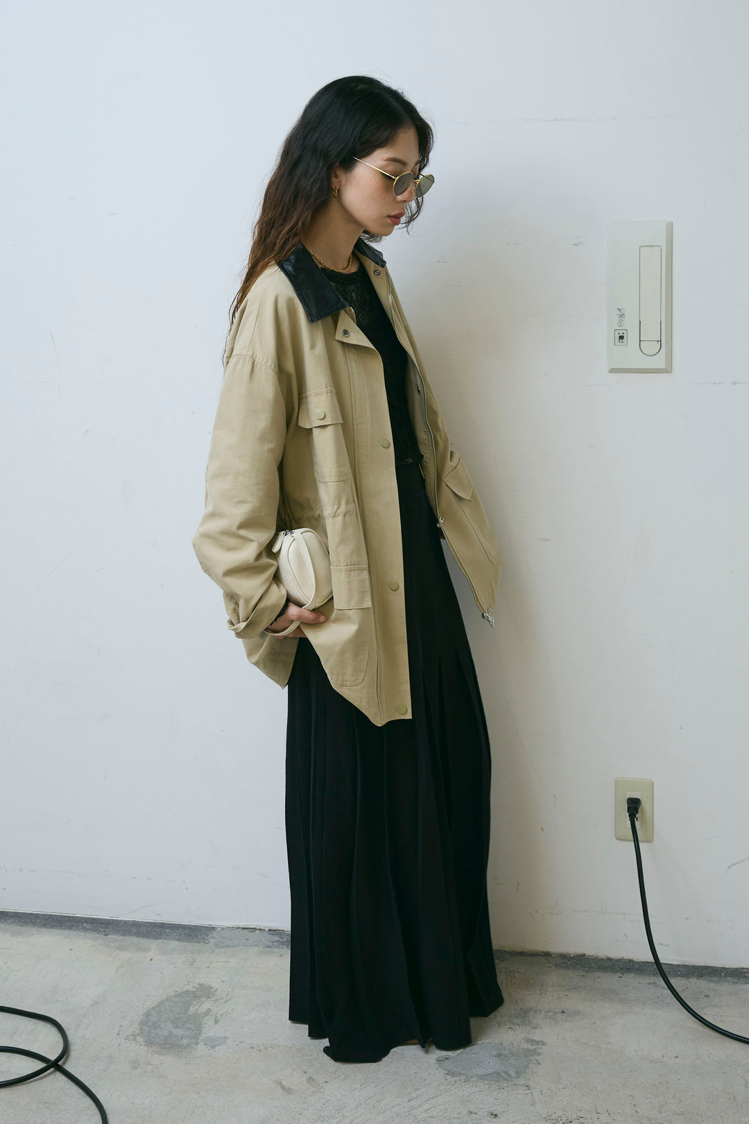 [予約/SET]フェイクレザー襟カバーオール+ニットプリーツロングSK(2set)