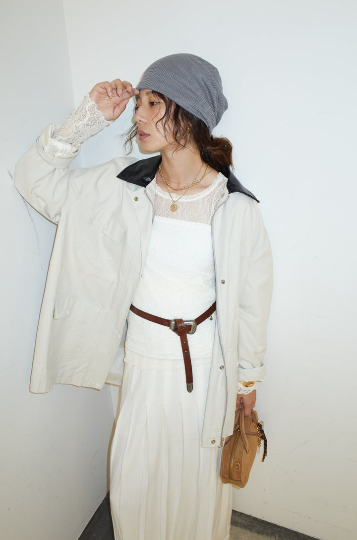 [予約/SET]フェイクレザー襟カバーオール+ニットプリーツロングSK(2set)