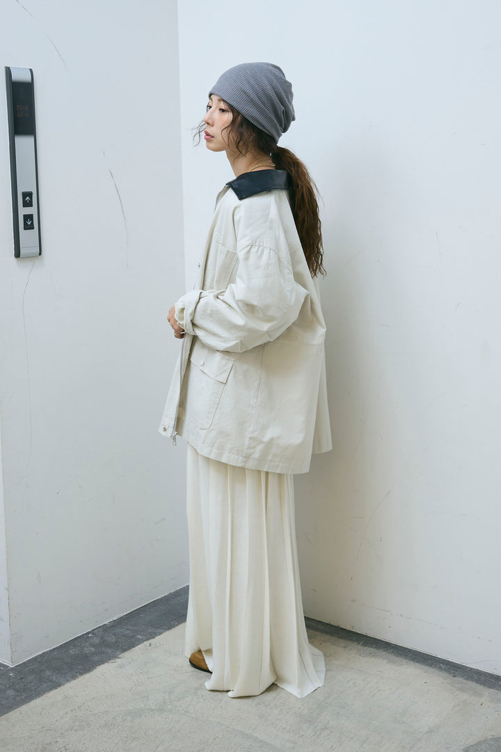 [予約/SET]フェイクレザー襟カバーオール+ニットプリーツロングSK(2set)