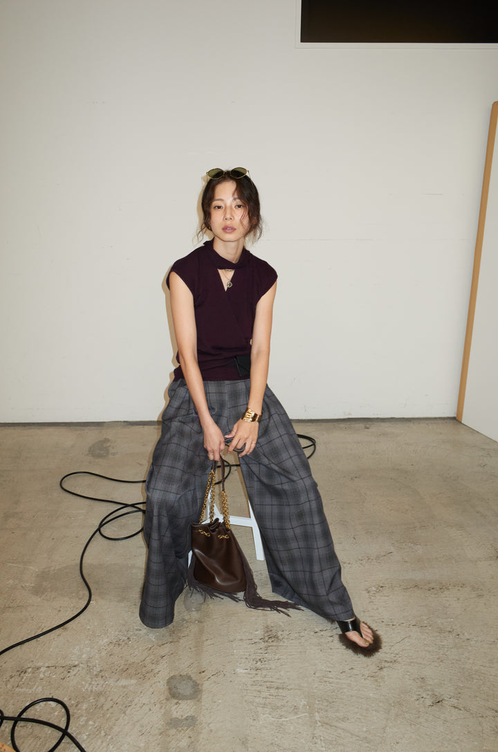 [予約/SET]タイつきVネックニットPO+チェックワイドタックパンツ(2set)