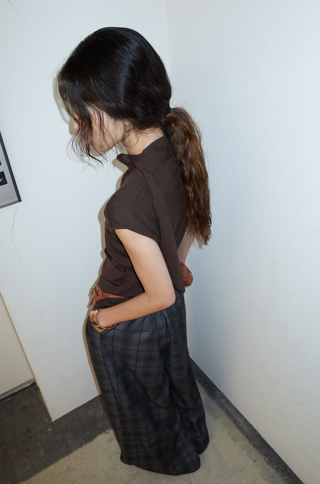 [予約/SET]タイつきVネックニットPO+チェックワイドタックパンツ(2set)