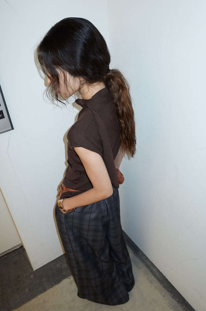 [予約/SET]タイつきVネックニットPO+チェックワイドタックパンツ(2set)