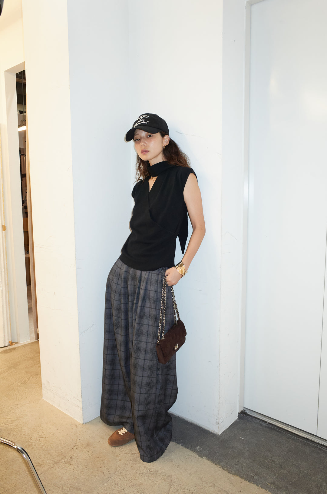 [予約/SET]タイつきVネックニットPO+チェックワイドタックパンツ(2set)