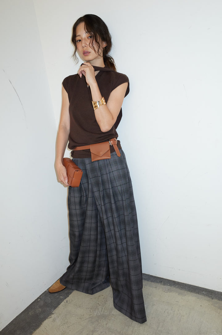 [予約/SET]タイつきVネックニットPO+チェックワイドタックパンツ(2set)